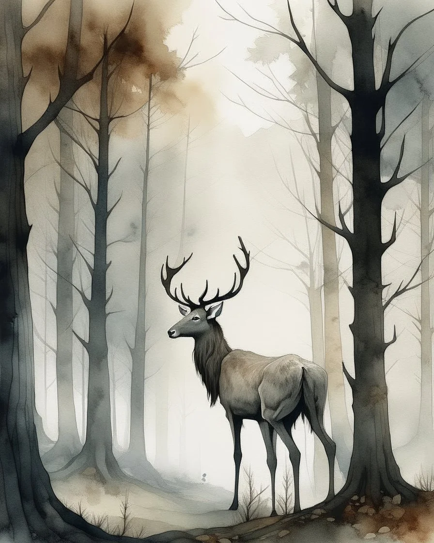 deer with antlers standing sideways, looking at viewer, water color painted, among tall simplified tree trunks, foggy