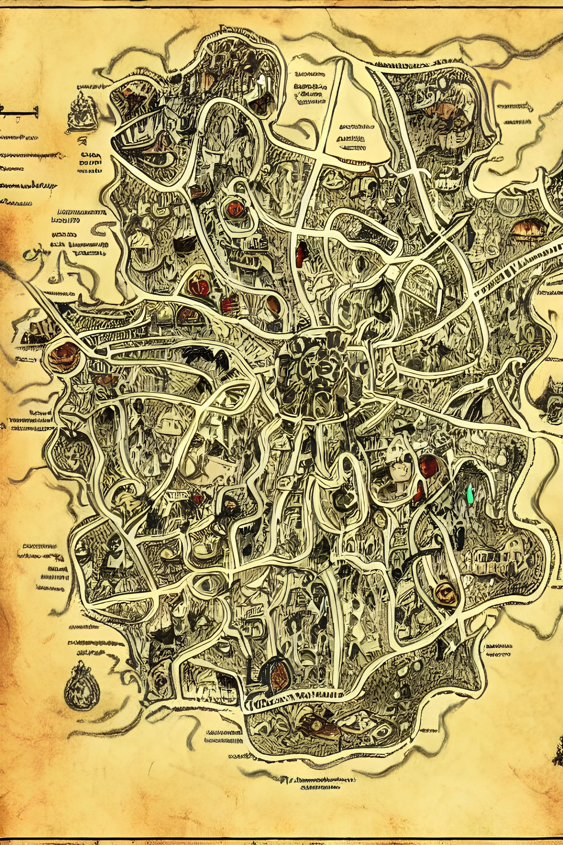 dnd, fantasy, map of the city, demonic, diagram, map, parchment, illustration,