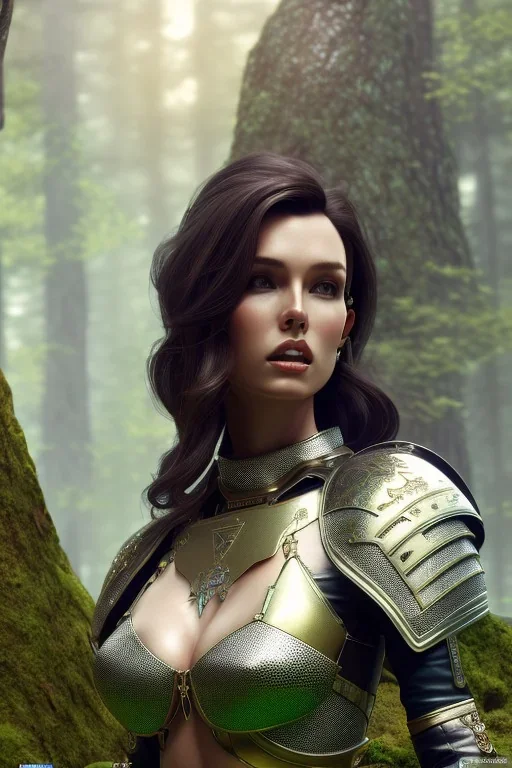 milf, brunette hair, leather armor, stand on a rock, forest, 8k resolution, high-quality, fine-detail, intricate, fantasy art, detailed matte, volumetric lighting, illustration, 3D