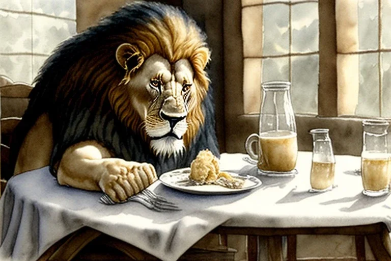 Lion sitting at a table eating garlic and drinking milk. Highly detailed, smooth colours, realistic landscape. Aquarell