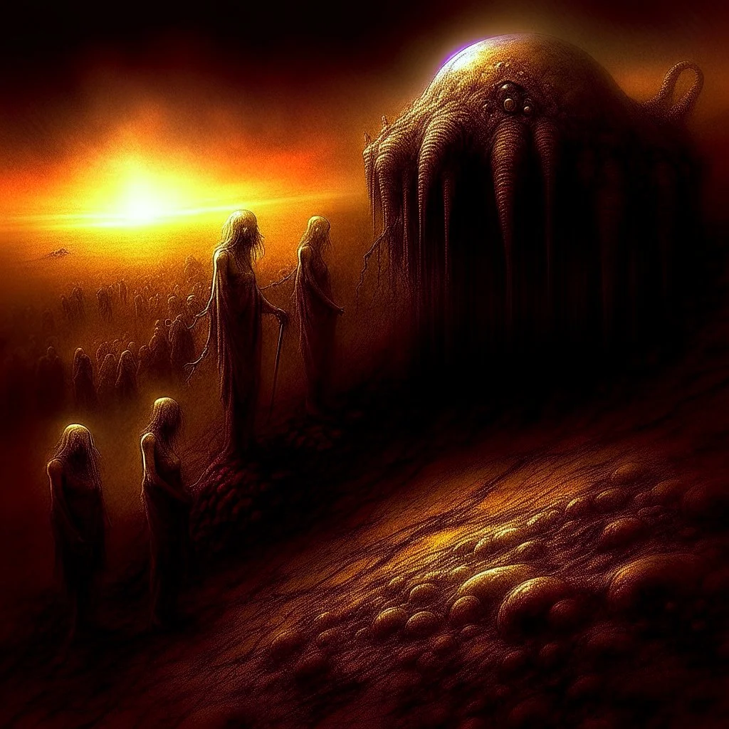 Macabre Rapture End of days Revelation scene, loose brush stroke matte oil painting, sinner apotheosis, By John Lovett and Zdzislaw Beksinski and VS Gaitonde, diagonal composition, unbalanced, surreal horror, warm colors, creepy eldritch aesthetic, creepy, eerie, scary warm colors, opulent shadows, pointillism, stippling effect, by Colin McCahon