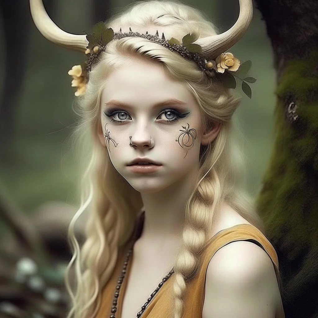 pretty girl, aged 19, blonde, conventionally attractive, dreamy, faun, satyr, tribal