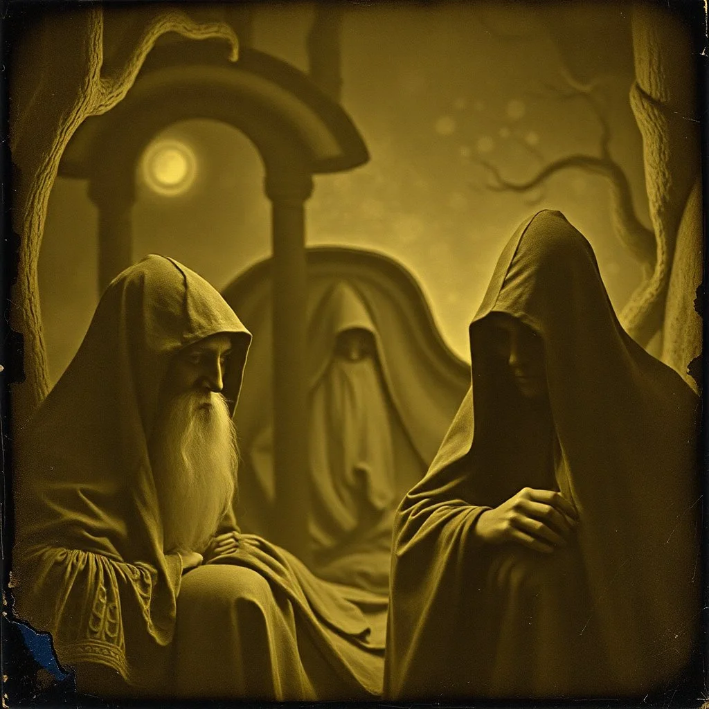 Daguerrotype close up some mysterious figures, odd background, Hieronymus Bosch Max Ernst ambient light, by Minicavio Quollati and Marlost Endgulp, Amano, Botticelli, Alphonse Mucha