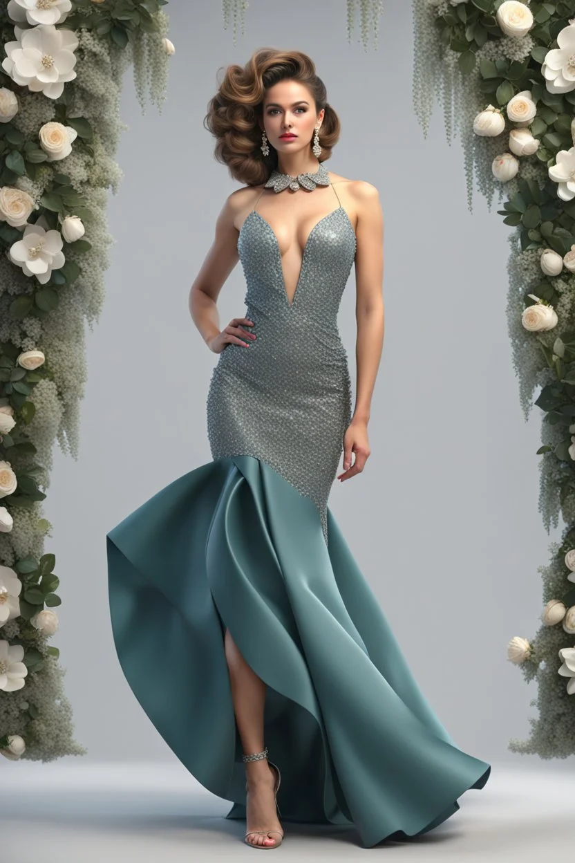 full body woman, from Russian Federation , elegant dress, elegant curled hair , 19 years old ,earring, make up,8k, Candid avant garde portrait, charming woman, wearing Lovely Flower Diamond Pendant, octane render 3d, plastic material