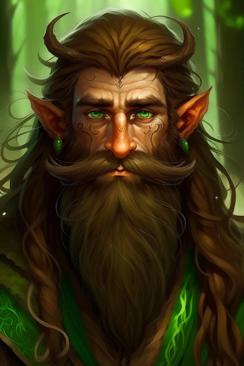 Gnom, braune lange wilde Haare, große, auffällig dicker Nase, grüne Augen, sehr jung (etwa zwanzig Jahre) , Druide, gebräunte Haut, keine Falten im Gesicht, etwas dicker, Mann