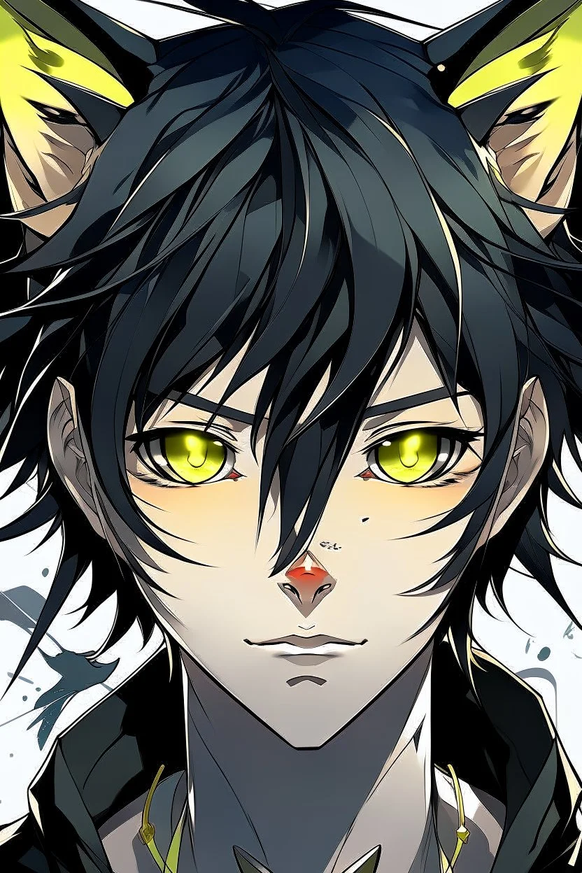 anime male with messy black hair, black cat ears, gold eyes, realistic