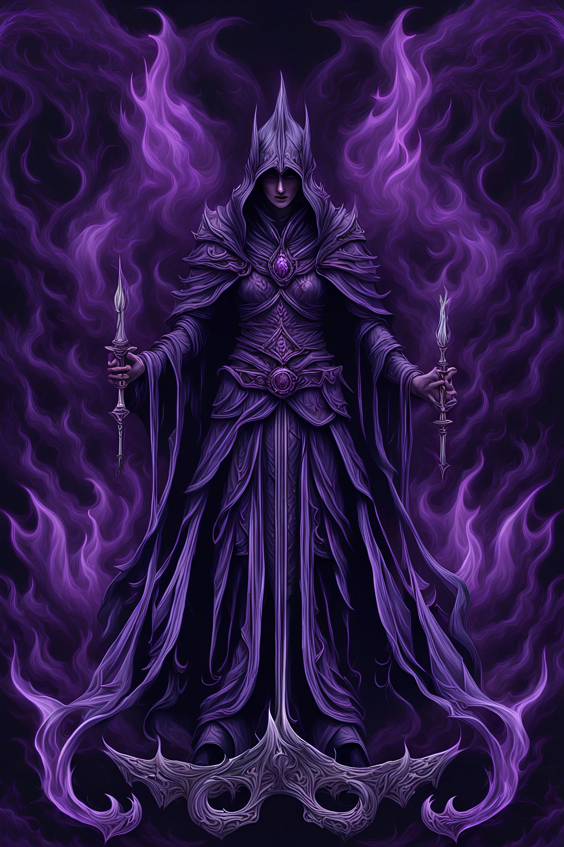 "Generate an image of the text 'ALIRIA DEMUUN' ablaze in vivid purple and black flames. Use a dark, fantasy-inspired font, rich in detail and mystical elements. The flames should be rendered realistically, with a focus on dark, shadowy tones, conveying a sense of otherworldly and dark magic."
