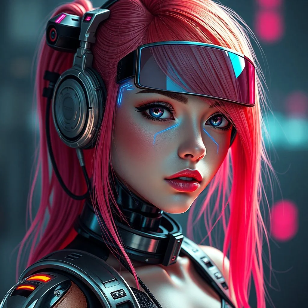 a pretty cyberpunk girl, cyborg, bright hair, futuristic