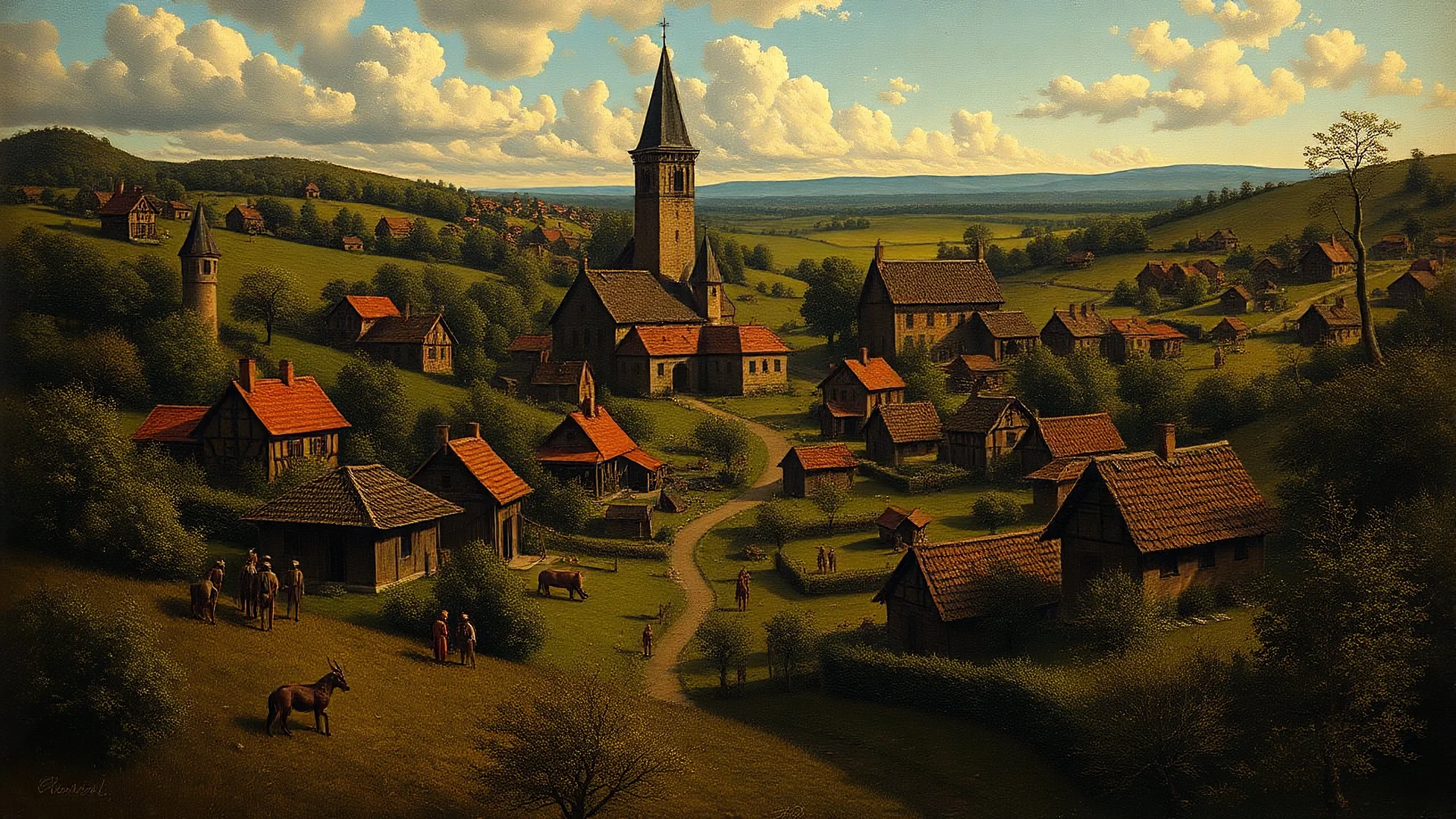 renaissance oil painting of a prosperous village in the countryside with small aliens hiding in the shadows