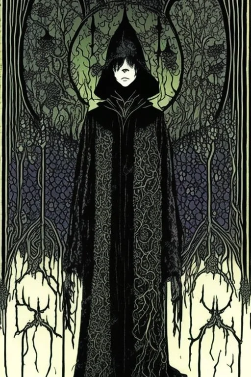 7 year old boy, necromancer, friendly, looks dead, with weird mushrooms growing out of him, wearing black robes, in the style of Harry Clarke