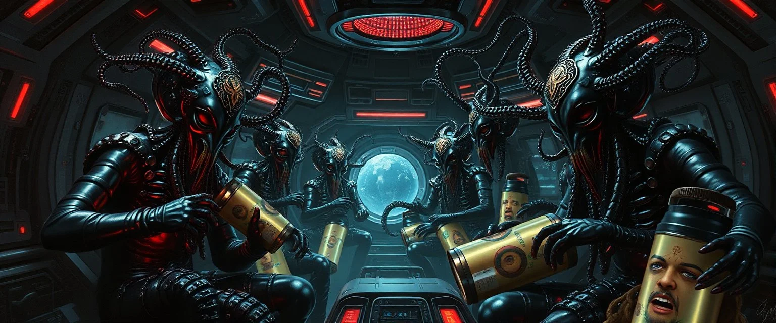 master oil painting by Rembrandt, black glistening slimy octopus insectoid hypnotic Nephilim tribal ornamented trauma watchers commando in spaceship with some scared humans in huge neon canisters, in the style of Giger, 3d anime