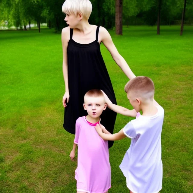 Russian tomboy boyish boylike short man's haircut boyish features shortcut in black girlish nightgown mommy in park