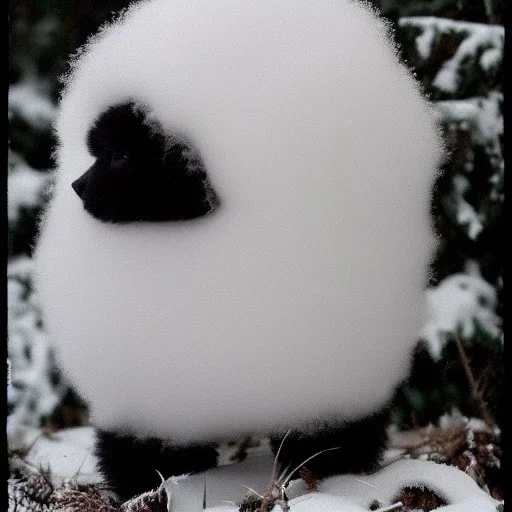 black puff ball of fluff in the snow vintage