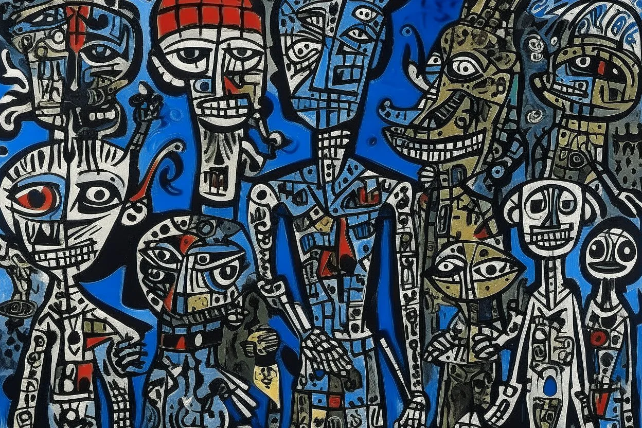 A dark bluish black draconic empire designed in African masks painted by Jean Dubuffet