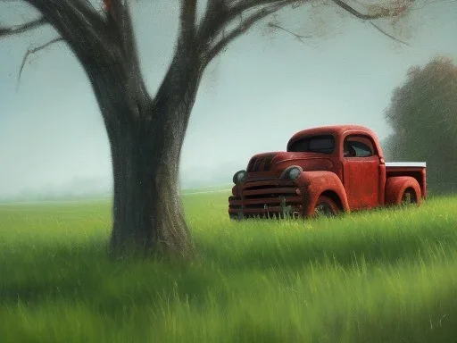 Painting of old barn with a red truck parked under a shade tree in 4 seasons.