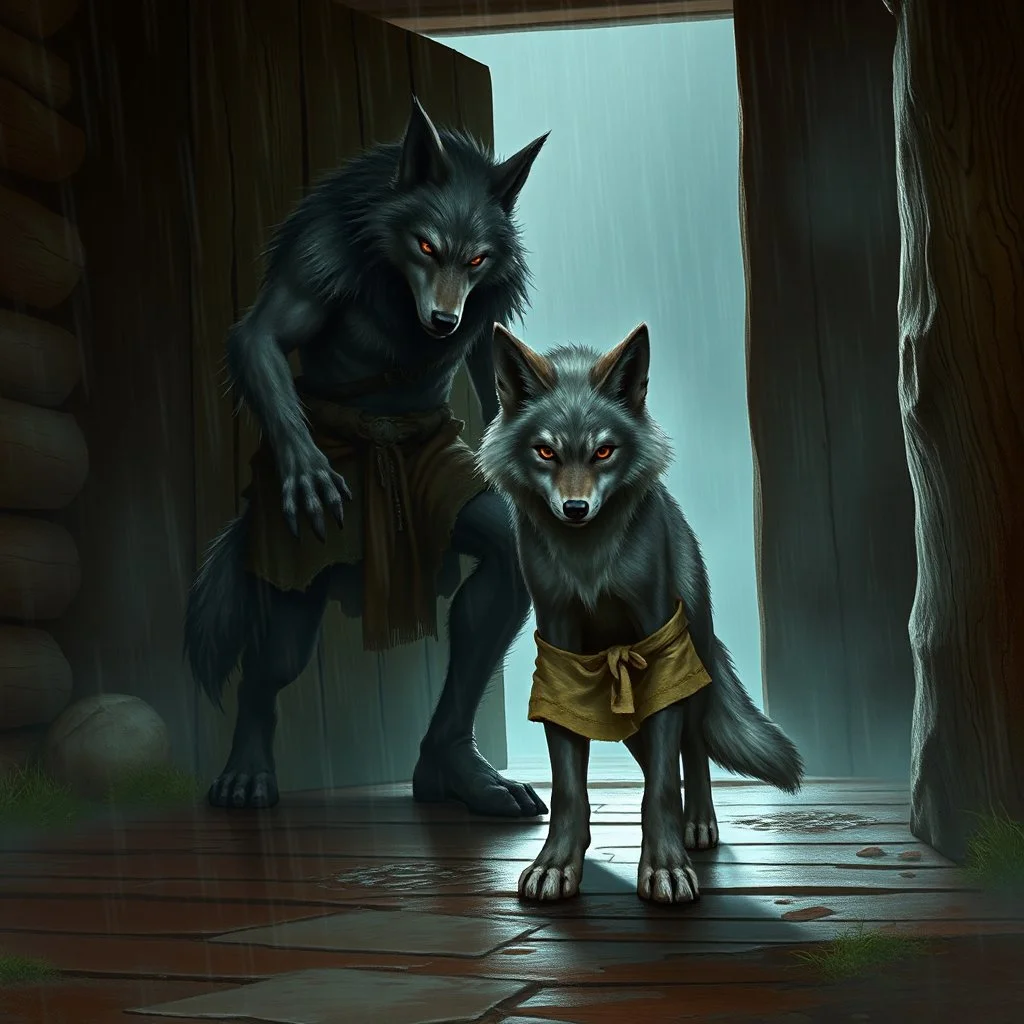 fantasy digital art of a very sad little anthro wolf kicked out of the house, she have wolf face gray hairy wolf body and wears just a short canvas rag around her waist , she have sadly face , rain , behind she an tall angry anthro wolf man in dark gray body hairy kicks she out the door with his foot, behind in rustic halb open door in an massive wooden house, rainy day, detailed, fantasy mood