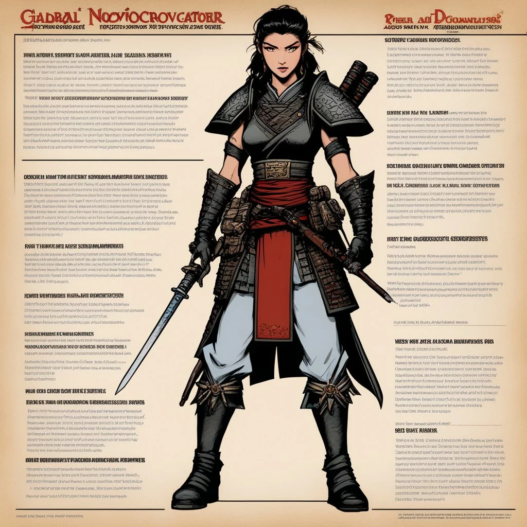 character concept sheet with AD&D statistics and characteristics, [illustration by Kevin Eastman and Peter Laird] female samurai in agent provocateur: local vs. global