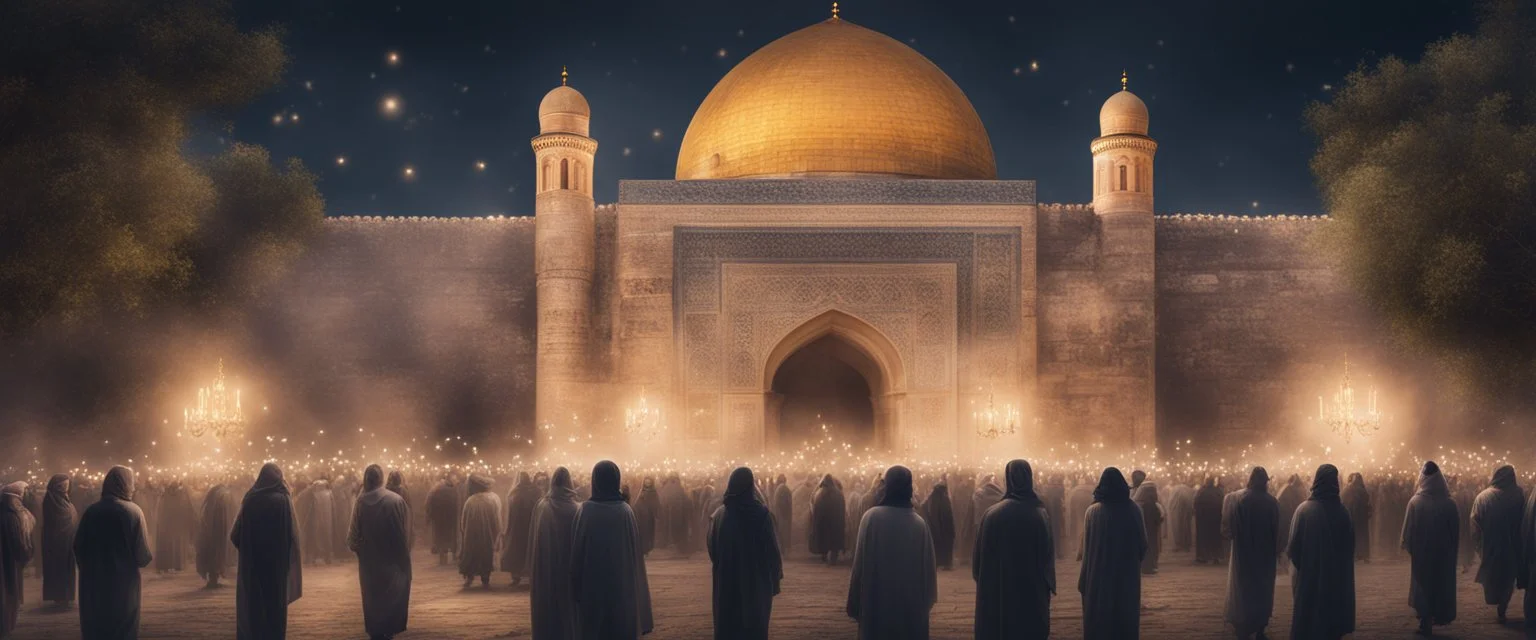 Hyper realistic celebration outside Al-Aqsa Mosque with garland light at night