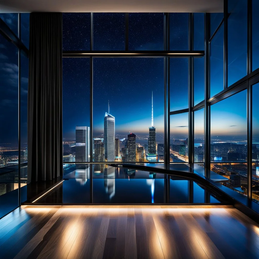 in luxury hall in top floor of skyscrapper in moder city at night sky, ,city scape at backgrownd