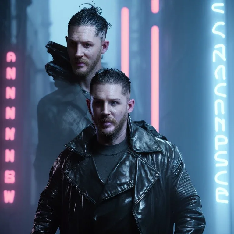 Actor, tom hardy, blade runner style, rain, fog, neon ambient, gradient color, clean skin, circuits, latex coat, cyber punk, neon, tubes, portrait, studio photo, unreal engine 5, smooth color, 16 bit, god lights, ray tracing, RTX, lumen lighting, ultra deatail, volumetric lighting, 3d, finely drawn, hd.