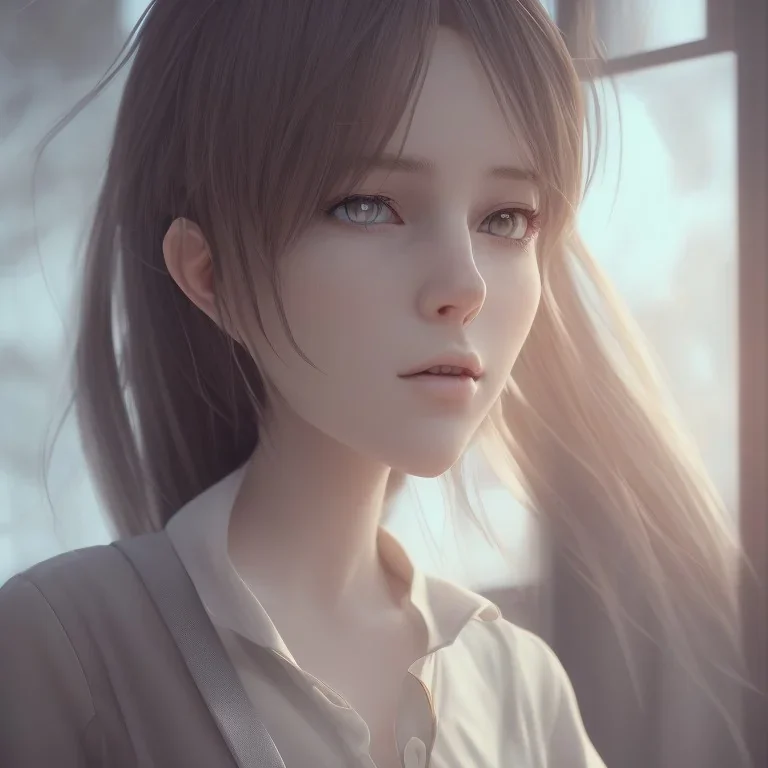 Anime, female student studying on window,perfect face, cool face, ultra detail, unreal engine 5, cinema4d, sun light, studio lighting --ar 1:1 --v 4