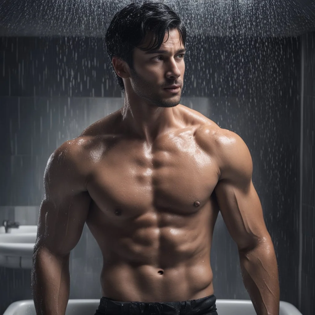 Hyper realistic Extremely Handsome shirtless with short black hair muscular man taking bath with black shirt in a dark shower room