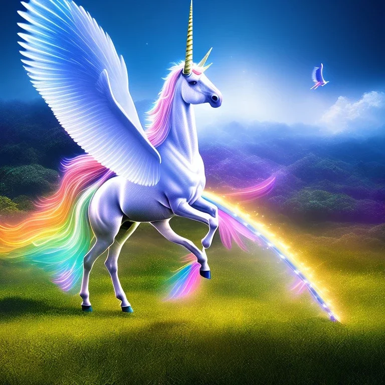  surreal illustration of a unicorn on luminous landscape, realistic, unicorn with glowing wings, glowing soft and smooth wings, shadow, highly detailed, intricate patterns on wings, soft studio lighting, smooth dark blue background 64k