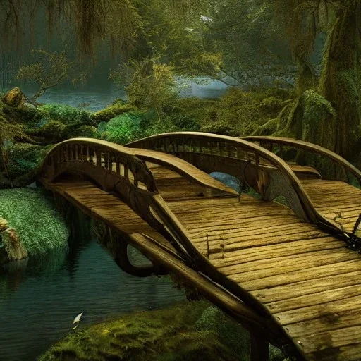 forest and bridge at the bottom of a lake, schoo of fish, 8k Resolution, Fine-Detail, High-Quality, Intricate, Detailed Matte, 3d Octane Render, Beautiful, Stunning, Brian Froud, Selina French, Howard Lyon, Greg Rutowski, Annie Dittman, Annie Stokes