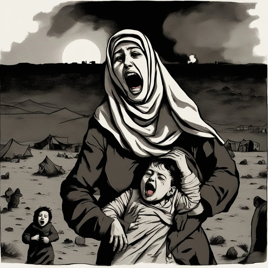 A Palestinian woman wearing the Palestinian dress carries her dead son as she screams and cries at night, with explosions in refugee tents behind her.