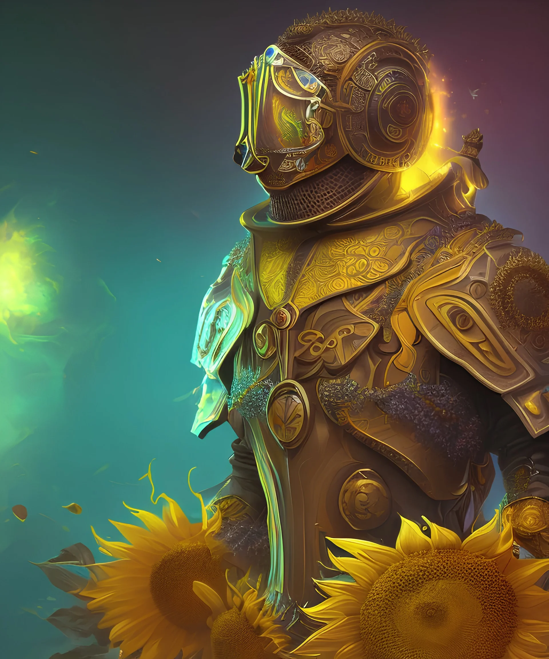 wide angle shot of the sunflower king, yellow armor with emissive energy flowing in the chest, mystical geometric patterned textures, intricate, highly detailed