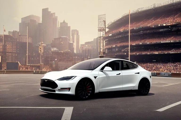 A Tesla 'Model S' is parked, inside the 'Yankee Stadium' in Manhattan. (CINEMATIC, WIDE ANGLE LENS, PHOTO REAL)
