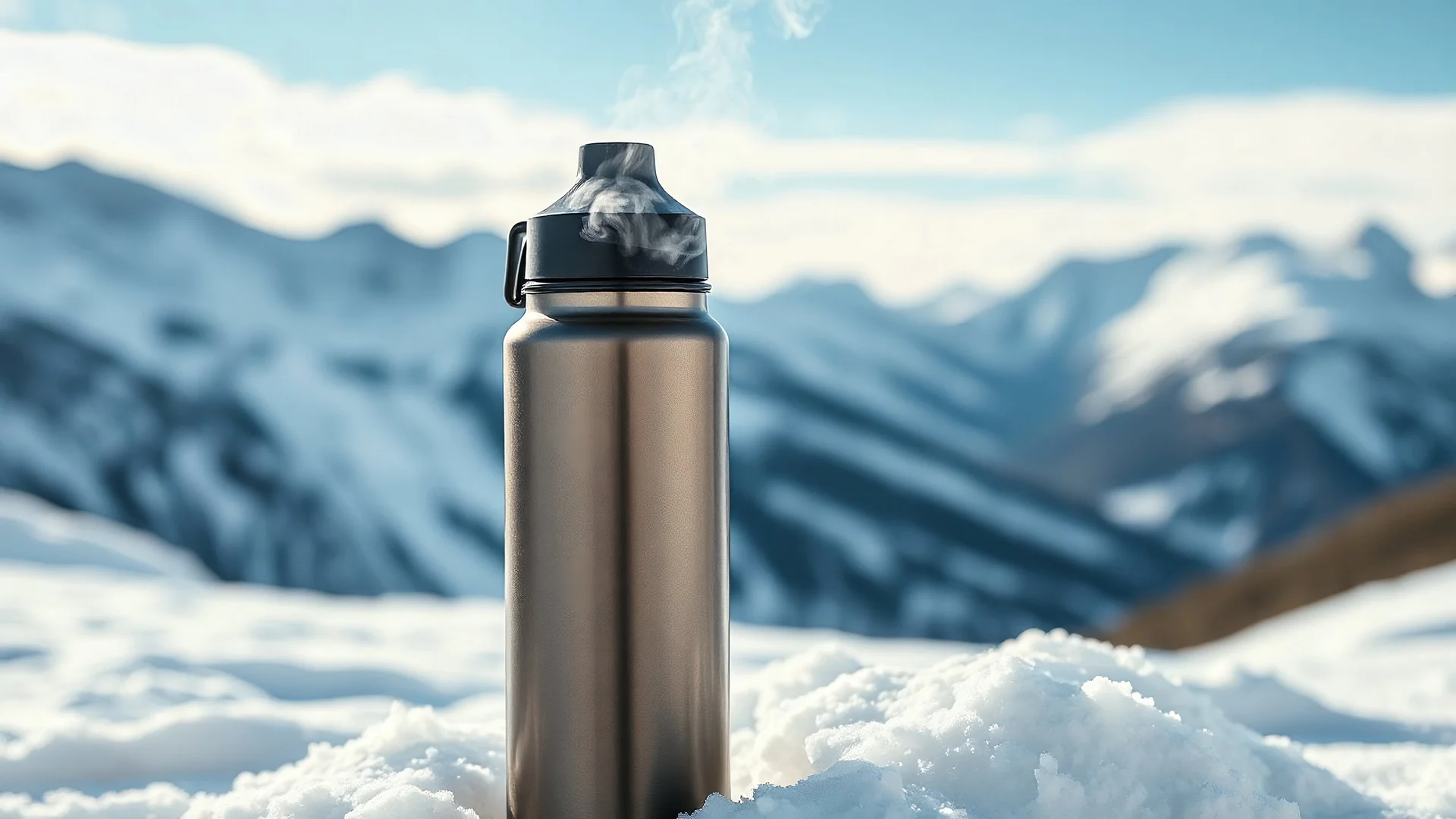 A double-walled, insulated stainless steel water bottle, with steam gently rising from the open lid, set on a snowy backdrop. The snow-covered mountains in the background add to the sense of adventure and durability. show full bottle