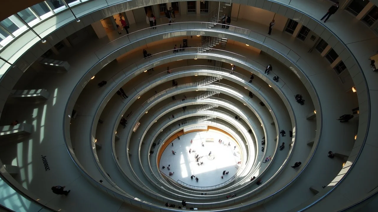 A modern art museum with a circular spiral design, built from a seamless blend of glass and steel. The entire building spirals upward from a wide base to a narrow point, and each level is interconnected by winding walkways. The structure appears to move in a continuous flow, drawing visitors toward its central, open-air courtyard. Award-winning photograph.