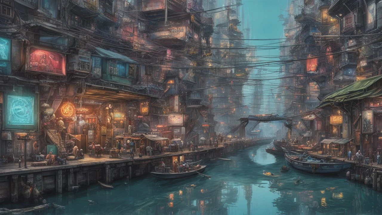 Water-level view of buildings on a canal, made of metal, cyberpunk, many painted colours, floating and flying boats, balconies, bridges, people, shopping, eating, walking, fifth element, ghost in the shell, altered carbon