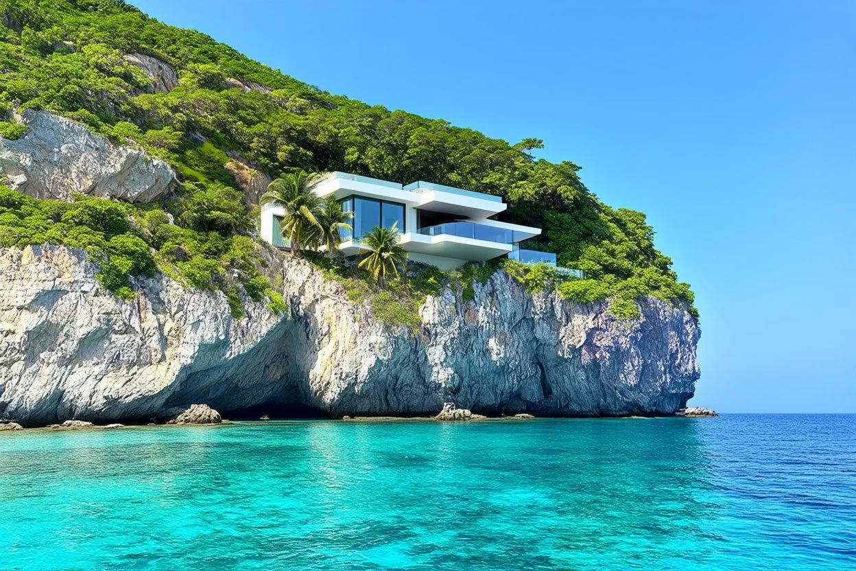 Impressive paradise islands, with elegant and luxurious futuristic homes on cliffs, vibrant and warm tones. Architecture, natural beauty, crystal clear waters, sun and lush vegetation