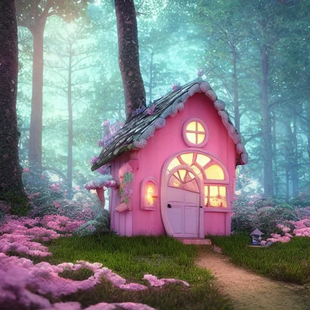 a cute pink and blue fairy house in the forest, spring time, mushrooms, 8k, flickering light, centered, high-quality, fine-detail, digital art, detailed matte, volumetric lighting, illustration, 3D octane render