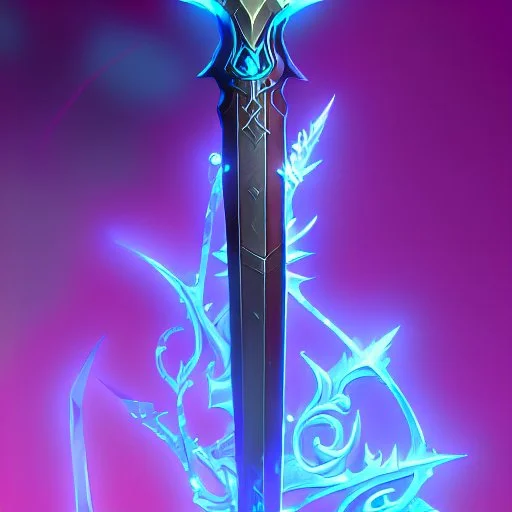 A fantasy zweihander, the blade is made up of glimmering ice, it's hilt is crafted from swirling vines, leading to a vibrant rose crystal at the pommel, with a black background behind it.