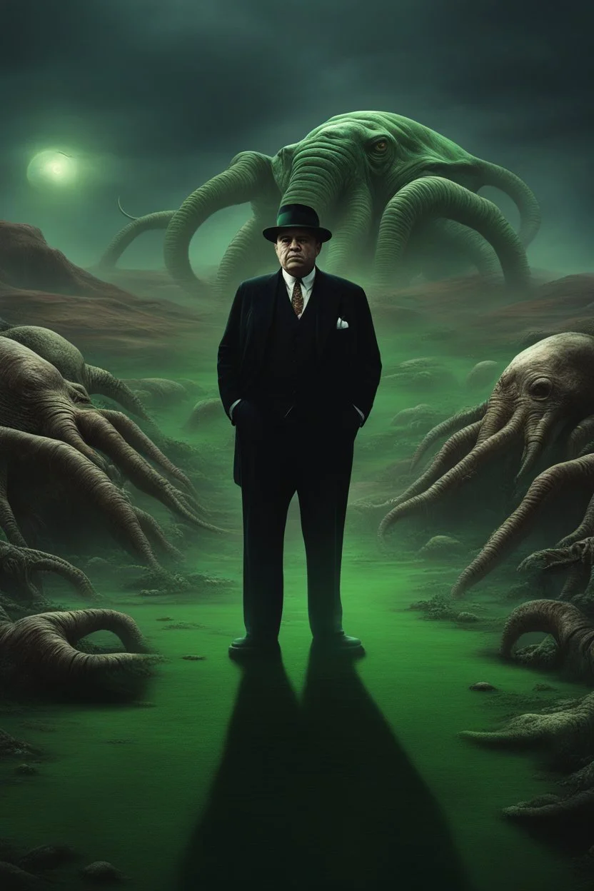 chiaroscuro, deep shadows, masterpiece, rich deep colors, highly detailed portrait, 500,000,000 years in the future after Aliens invaded earth, Al Capone standing in apocalyptic wasteland next to a giant green Martian with four arms and tusks, 4k, 8k, 16k, 32k. 100k UHD, extremely detailed skin texture, hyper-realistic, photorealistic, Realism Engine, Realistic Vision V