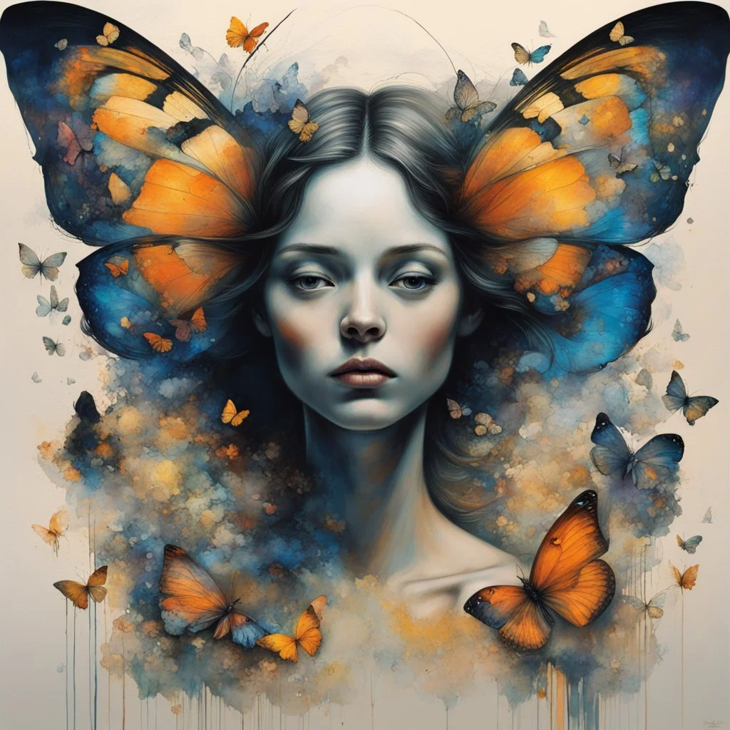 A mesmerizing mixed-media masterpiece by T. Mann NYC, seamlessly blending the styles of renowned artists such as Bouguereau, Anne Bachelier, Zdzislaw Beksinski, Dan Seagrave, J.M.W. Turner, and Van Gogh. A captivating exploration of the butterfly effect unfolds as a beautiful female silhouette takes center stage. The background artfully merges minimalist chalk pastel techniques with a dark monochrome palette, creating an enchanting atmosphere. In this masterpiece, a mesmerizing blue bird spreads