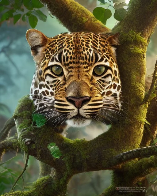 Leopardo en la Selva cuerpo completo árboles detallados elegante obra de arte colores contrastantes pintura al óleo detallada hiperdetallada impactante intrincada sombra 3D arte gráfica iluminación cinematografica 8k 3D cielo soleado nubes coherente