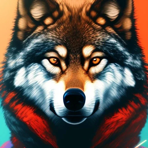 Wolf, red, orange, yellow, green, blue, purple, masterpiece, expert, 8K, hyperrealism, sharp focus, cinematic lighting