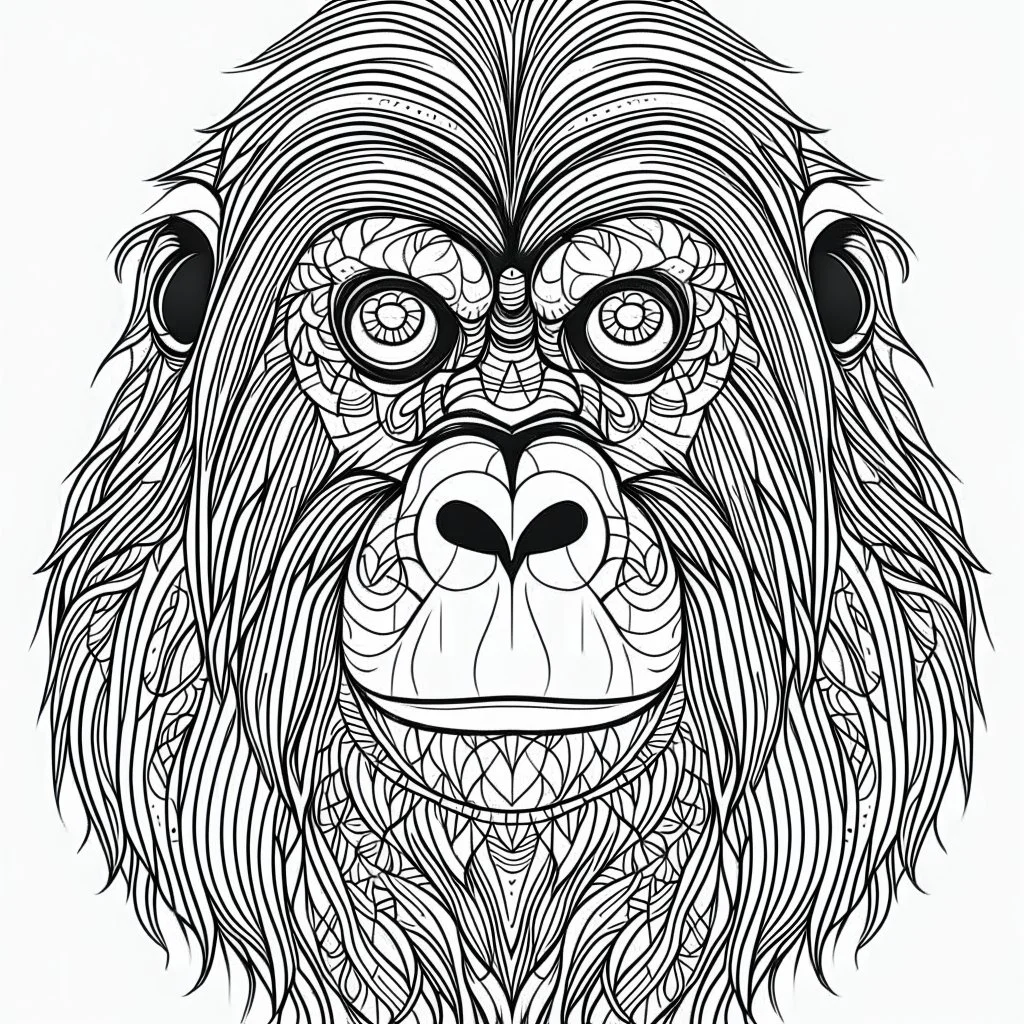 Orangutan, front view, mandala, minimal lines, cartoon, white back ground color, real style, realistic, minimalistic, minimal black line art, line art, crisp line art, unique coloring sheet, outlined, outline, crisp, crisp line edges, illustration, thin lines, crisp clear lines, line art, clean line art, unique, 8k, amazing, masterpiece, no colors, no dark color, no black color, avoid thick black, minimalistic line edges, pure white back ground, image character full fit to page,