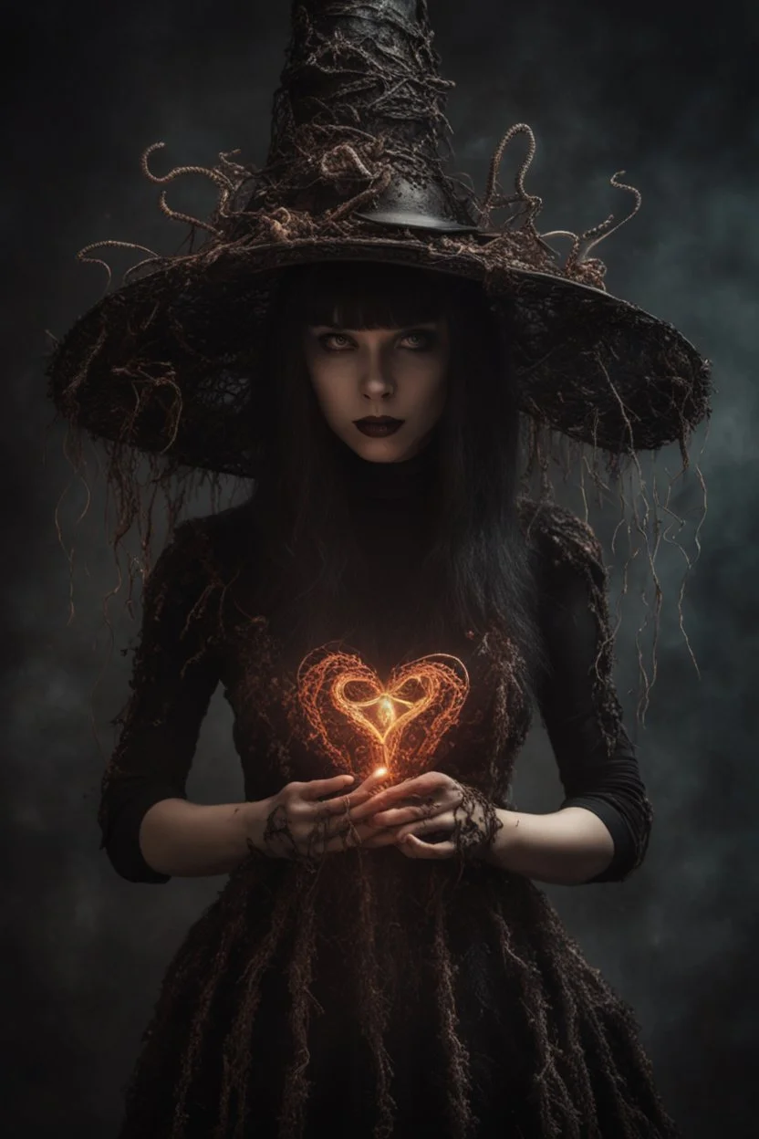 wizard hat Halloween vintage girl, fullbody, creepy, horrifying, sinister, many worms parasite creature connected to heart, sparks around her, sparks cybernetic, intricate, 8k, macro photography,