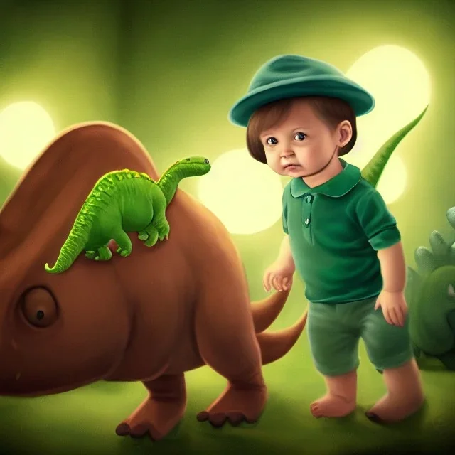 1yo little szymon is on safari onthe moon. petting a green dinosaur. he has big binoculars and a funny hat. High detailed. Cinematic. Digital painting. Warm lights.