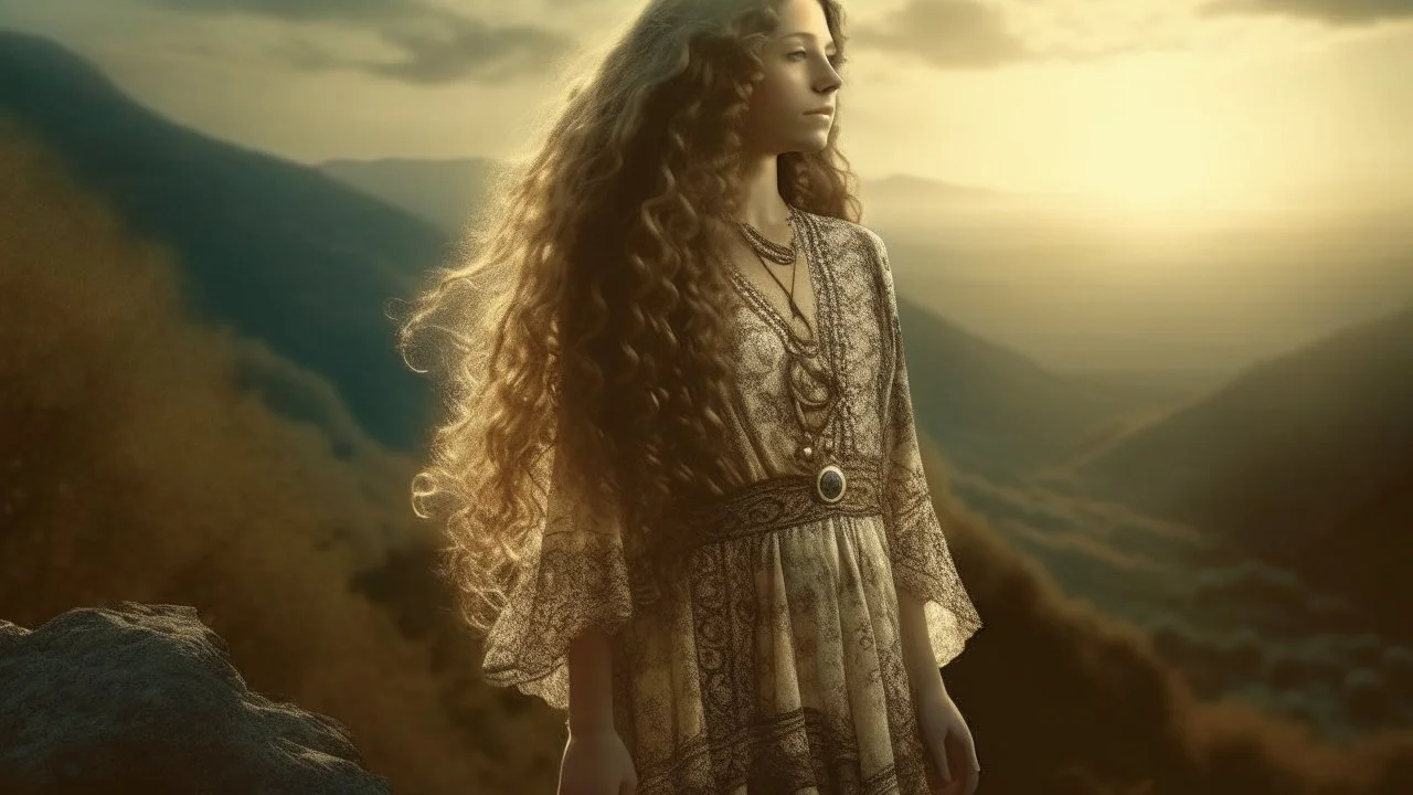 surreal and dreamlike, Ixchel illustrated as a Mayan woman with long curly hair, wearing a beautifully patterned dress, standing at the edge of a cliff overlooking a valley under a setting sun, with the full moon rising behind her., vintage sepia, film effect, scandinavian vibe, diffused pale light, saturated, pastel, dreamy atmosphere, liquid psychedelic