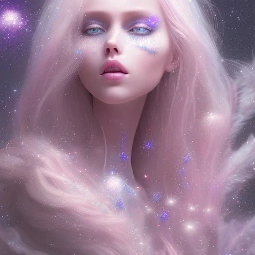 one big crystal glitter pink blue subtle galactic fairy in a galactic ambiance,glitter long blond hair down to the ground,transparent petals,blue eyes,delicate colors in the foreground, full of details, smooth，soft pink violet light atmosphere, light effect，vaporwave colorful, concept art, smooth, extremely sharp detail, finely tuned detail, ultra high definition, 8 k, unreal engine 5, ultra sharp focus