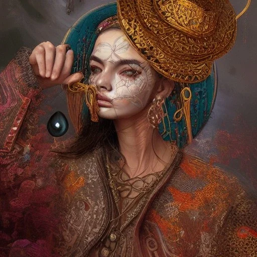 Insanely detailed photograph of an “portrait of a meriachi ” with intricate Sombrero, intricate embroidered charo, mustachioed clear face and hyperdetailed painting by Ismail Inceoglu Huang Guangjian and Dan Witz CGSociety ZBrush Central fantasy art album cover art,8K, hdr, romantic, mysterious, ominous, cigar smoke, jewelry, comfort, natural eyes,naked,tasteful