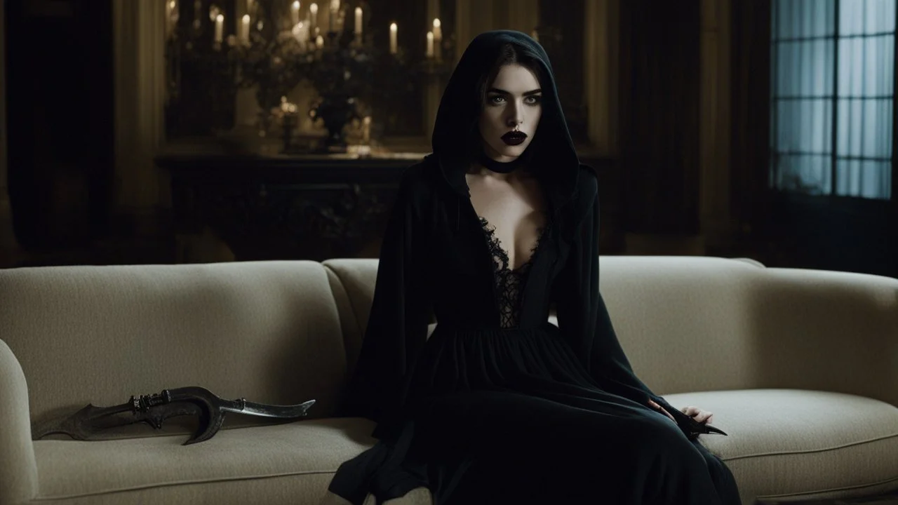 [Legend (1985)] Adelaide Kane as Dahlia Death, she is a pale brunette with black lipstick clad in a dark agent provocateur dress with a hoodie and a scythe. She sits on a sofa in a dark mansion