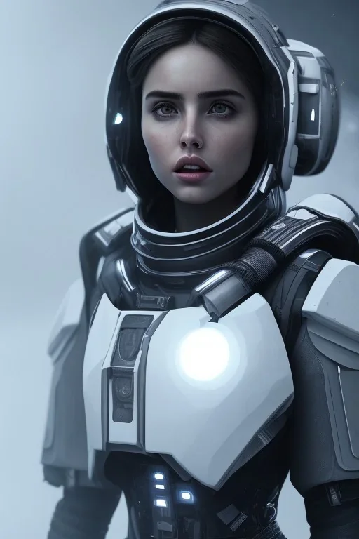 Ana de Armas, identical features, Black intergalactic pilot suit, portrait, bright white eyes, wearing high tech pilot breathing mask, beautiful face, white smoke, dark, rage, sorrow, high definition, ultra 8 k, volumetric lighting, blue fire, fog