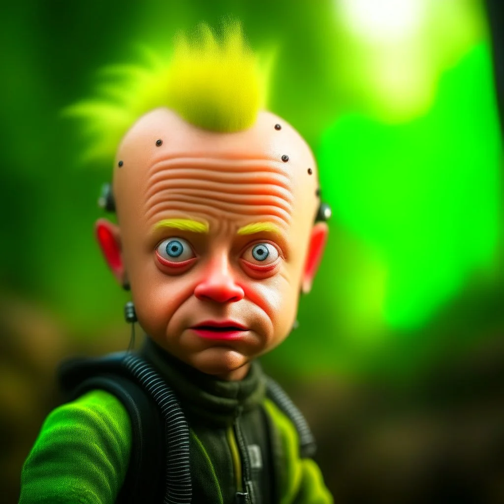 keith flint as a cute robot, on a mission through the seasons, hills and trees, motion blur, 8k, downlight, soft light, depth of field, photorealism, trending on art station, lotsa detail